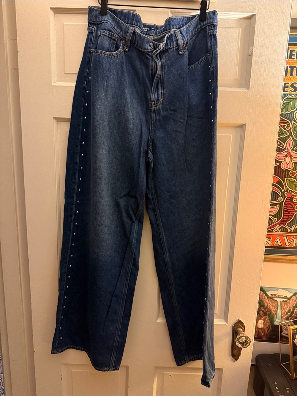 Old Navy Blue Baggy Wide Leg High-Rise Jeans with silver side rivets— 14 Tall